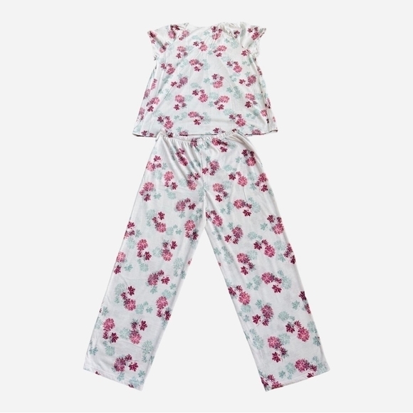 Women Sleepwear EARTH ANGELS PJ Set Pink Grey Floral Print Top Pants Pajama Set - Picture 2 of 3